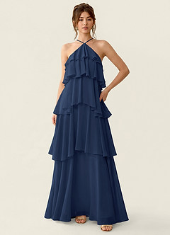 Nevieve Dunkelmarine Strandkleid aus Chiffon mit Satinbesatz und Rüschen image3