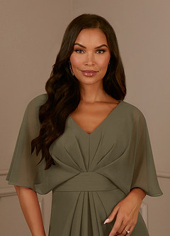 Azazie Oksana vestidos de madre de la novia Vestido de Verde Sauce de Gasa de Corte En A con Cuello en V Plisado image4