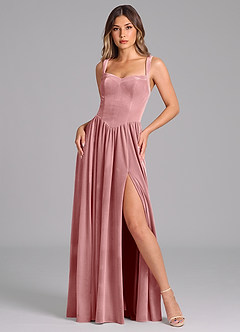 Azazie Francis Robes de demoiselle d'honneur Robe Trapèze en velours Corset Rose Poussiéreuse image1