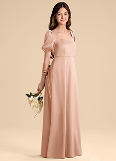 Azazie Briar Junior Vestido de Oro Rosa de Satén Elástico de Corte en A con Lazo image6