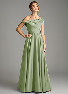 Azazie Xanthe Brautjungfernkleider Eine Linie Schulterfrei Stretch-Satin Kleid Staubiger Salbeigrün image1