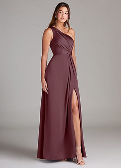 Azazie Brooke Bridesmaid Dresses Sangria A-Line One Shoulder Stretch Satin Dress image4