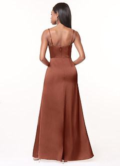 Azazie Maci Bridesmaid Dresses Clay A-Line V-Neck Pleated Stretch Satin Dress image2