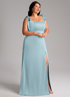 Azazie Frostine Bridesmaid Dresses Moody Blue A-Line Bow Stretch Satin Dress image11