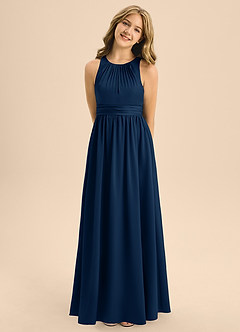 Azazie Jaylah Junior Vestido de Azul Marino Oscuro de Satén Elástico de Corte En A con Plisado image5