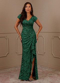 Azazie Roya Mother of the Bride Dresses Dark Green Mermaid Ruched Floral Burnout Dress image2