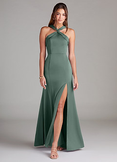 Azazie Rue Bridesmaid Dresses Sea Moss A-Line Pleated Stretch Satin Dress image3