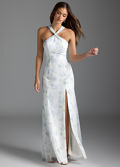 Azazie Rue Bridesmaid Dresses Blue Vintage Floral A-Line Halter Chiffon Dress image3