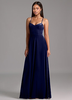 Azazie Mei Bridesmaid Dresses Dark Navy A-Line Corset Velvet Dress image1