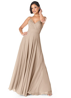 Azazie Avelina Bridesmaid Dresses Taupe A-Line V-Neck Pleated Chiffon Dress image1