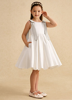 Azazie Stacie Flower Girl Dresses Ivory Frost A-Line Bow Matte Satin Dress image2