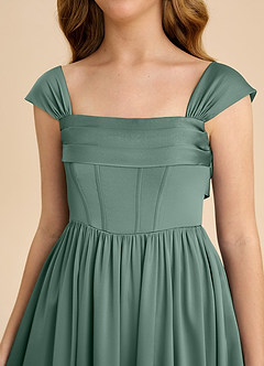 Azazie Hattie Junior Abito A-Line in Raso Elasticizzato Plissettato Eucalipto image9