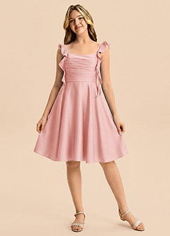 Azazie Kira Junior Powder Pink A-Line Ruched Stretch Satin Dress image6