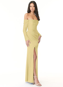 Azazie Hallie Bridesmaid Dresses Lemon Sorbet Sheath Off-The-Shoulder Long Sleeve Stretch Satin Convertible Dress image5