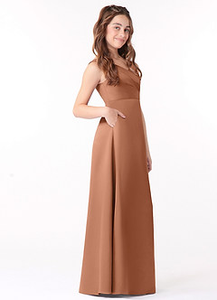 Azazie Sadia Junior Bronzer A-Line Pleated Stretch Satin Dress image2