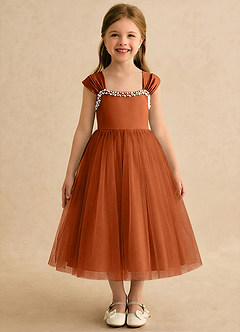 Azazie Yosemite Robe Demoiselle D'honneur Fillette Robe Princesse en Tulle Encolure en Forme de Cœur Orange Brûlée image3