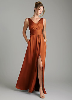 Azazie Karina Bridesmaid Dresses Cinnamon A-Line Pleated Stretch Satin Dress image1