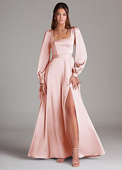 Azazie Leonia Bridesmaid Dresses Blushing Pink A-Line Long Sleeve Stretch Satin Dress image1