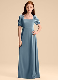 Azazie Briar Junior Dusty Blue A-Line Bow Stretch Satin Dress image6