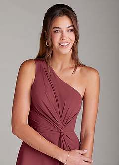 Azazie Brooke Vestidos de damas de honor Vestido de Merlot de Gasa de Corte en A con Hombro unilateral image6