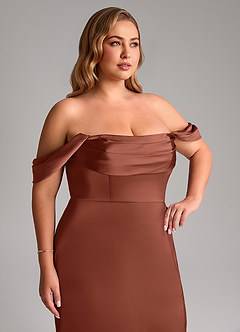 Azazie Saige Jurken voor bruidsmeisjes Jurk van Stretch Satijn met Kolom Off the Shoulder Klei image14