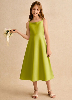 Azazie Jaella Girls Formal Blumenmädchenkleider A-Linie Plissee Matte Satin Kleid Zitronengras image2