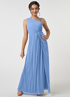 Azazie Brooke Junior Steel Blue A-Line Pleated Mesh Dress image1