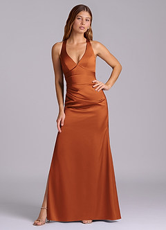 Azazie Amelie Bridesmaid Dresses Cinnamon A-Line Pleated Stretch Satin Dress image5