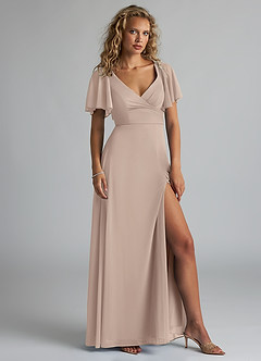 Azazie Induh Bridesmaid Dresses Taupe A-Line Flutter V-neck Mesh Dress image3