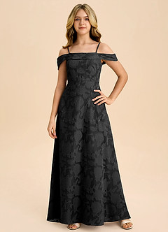 Azazie Anselie Junior Jurk van Bloemen Burn-out met A-Lijn Off the Shoulder Zwart image3