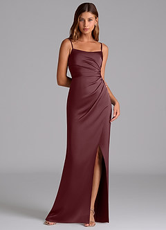 Azazie Calandra Bridesmaid Dresses Sangria A-Line Pleated Stretch Satin Dress image1