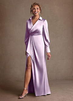 Azazie Jacinta Mother of the Bride Dresses Frosted Lilac Sheath Pleated Stretch Satin Dress image2