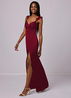Barbie ♥ Azazie Robes de demoiselle d'honneur Robe Fourreau en Satin extensible Bourgogne image1