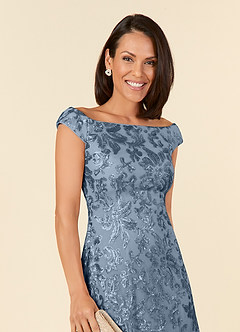 Azazie Porcelain Mother of the Bride Dresses Dusty Blue A-Line Off the Shoulder Lace Dress image5