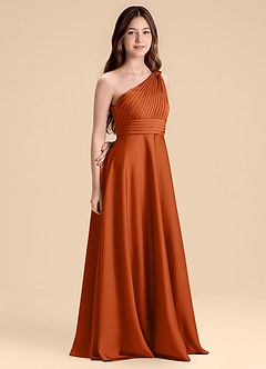 Azazie Charlize Junior Vestido de Naranja Quemada de Satén Elástico de Corte en A con Plisado image3