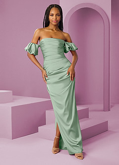 Barbie ♥ Azazie Jurken voor bruidsmeisjes Converteerbaar Jurk van Stretch Satijn met Kolom Off the Shoulder Agave image1