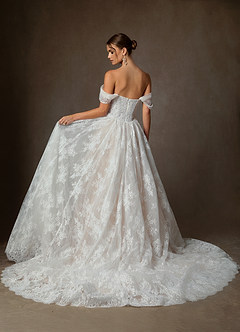 Azazie Justice Wedding Dresses Diamond White Champagne Ball-Gown Off the Shoulder Lace Dress image2