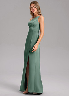 Azazie Feby Bridesmaid Dresses Eucalyptus A-Line One Shoulder Stretch Satin Dress image4