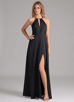 Azazie Evalleen Vestidos de damas de honor Vestido de Negro de Satén Elástico de Corte en A con Plisado image1