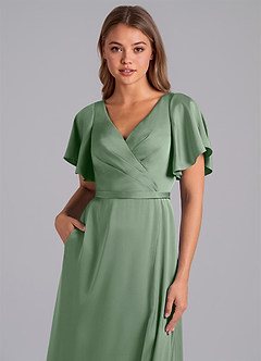 Azazie Ambrosia Vestidos de damas de honor Vestido de Matcha de Satén Elástico de Corte en A con Plisado image2