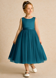 Azazie Pear Flower Girl Dresses Ink Blue Ball-Gown Bow Tulle Dress image4