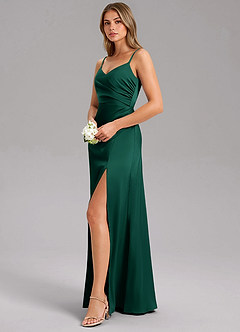 Azazie Azuree Bridesmaid Dresses Emerald A-Line Pleated Stretch Satin Dress image4