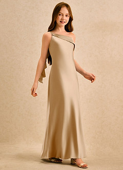 Azazie Almond Girls Formal Flower Girl Dresses Gold Sheath One Shoulder Stretch Satin Dress image5