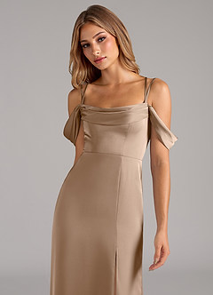 Azazie Callan Bridesmaid Dresses Taupe A-Line Pleated Stretch Satin Convertible Dress image6