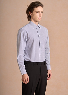 front Aiden Brushed Denim Blue 100% Cotton Non-Iron Striped Dress Shirt