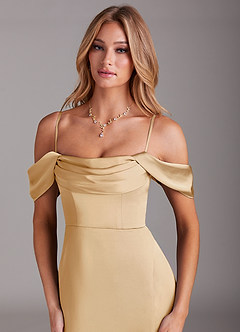 Azazie Saige Jurken voor bruidsmeisjes Jurk van Stretch Satijn met Kolom Off the Shoulder Goud image2