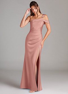 Azazie Wynter Bridesmaid Dresses Rosette Sheath Off the Shoulder Stretch Satin Dress image3