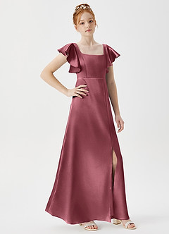 Azazie Bondi Junior Desert Rose A-Line Side Slit Metallic Satin Dress image3