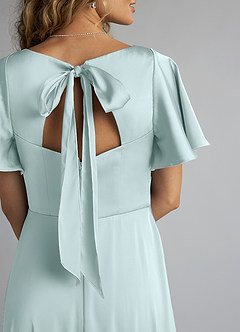 Azazie Kimber Bridesmaid Dresses Sea Glass A-Line Ruched Stretch Satin Dress image5
