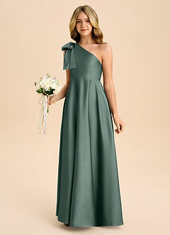 Azazie Penguin Junior Abito A-Line in Raso Elasticizzato Fiocco Muschio Marino image5